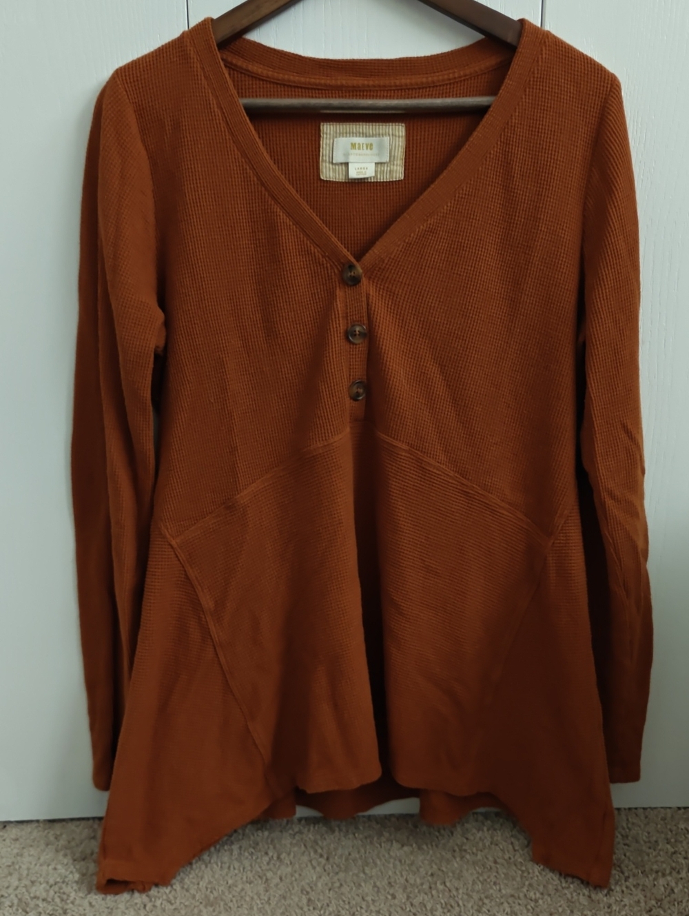 Anthropologie Burnt Orange Waffle-Knit Henley Tunic